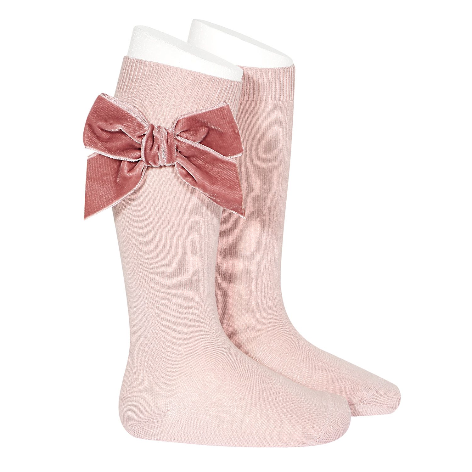 2489/2 Side Velvet Bow Knee-high Socks  | Pale Pink (526)