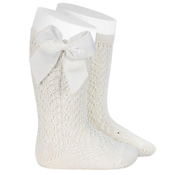 Openwork Bow Knee High Socks | Cream (202)