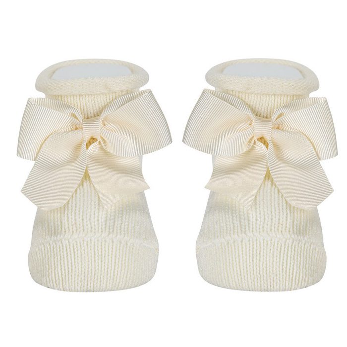 Baby Warm Cotton Booties W/ Grossgrain Bow | Beige (303)