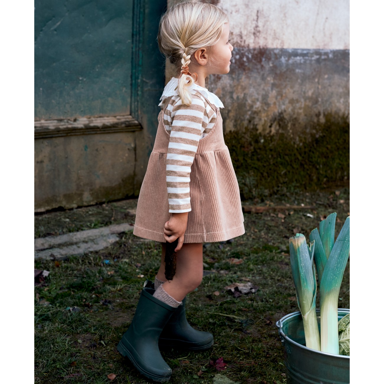 Striped Longsleeve & Corduroy Pinafore Dress Camel