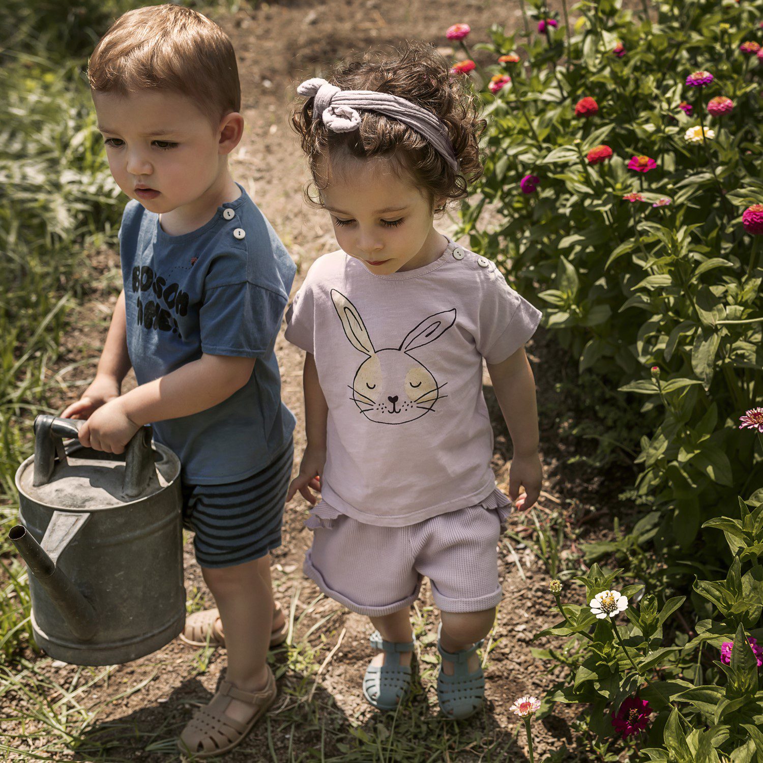 Blossom Time Slub Cotton T-Shirt & Stripe Terry Short