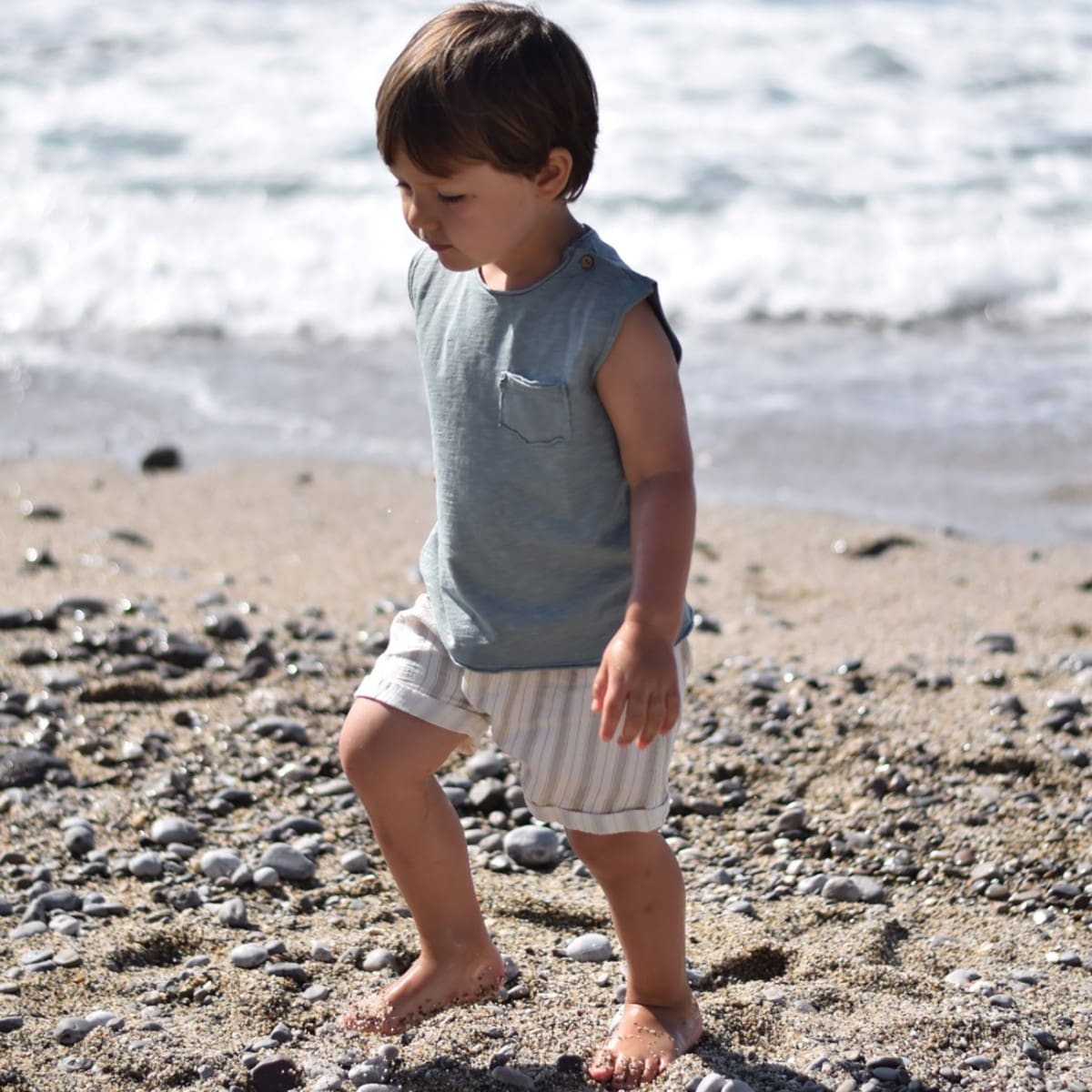 Sleeveless & Stripes Rustic Short | Blue Gray/Ecru