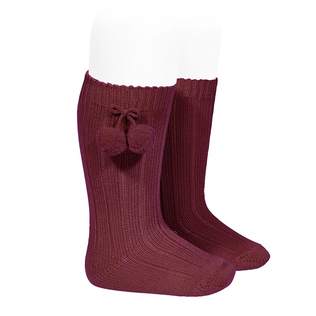 High Socks W/ Pompoms | Burgundy