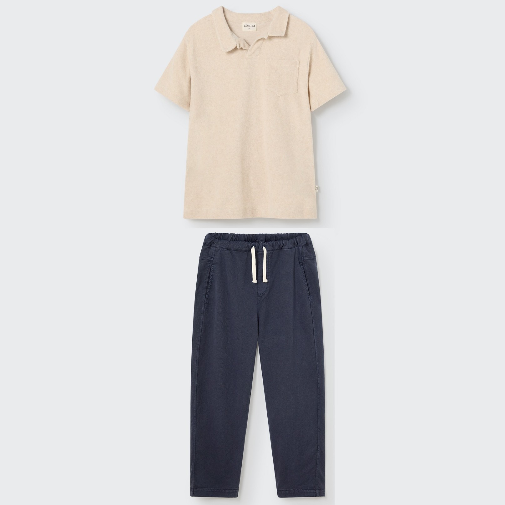 Maelk Ivory Toweling Polo Shirt & Fabiok Navy Light Twill Pants