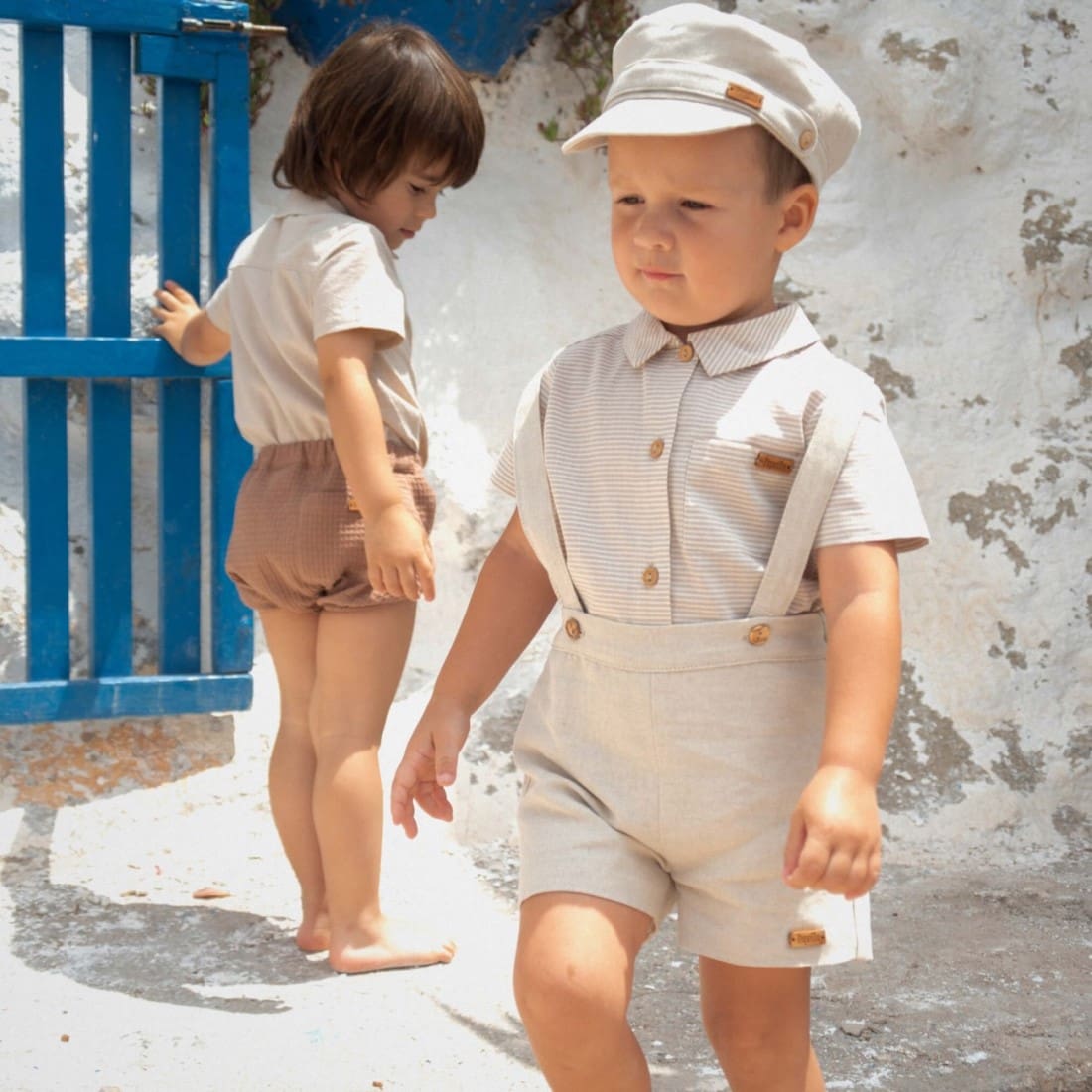 Sand Dungarees & Sand Striped Romper Suit