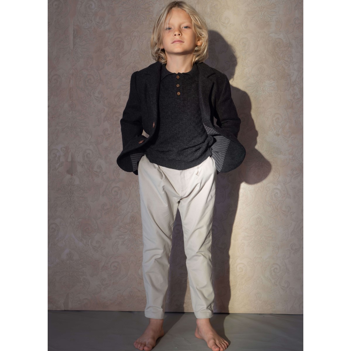 Dark Grey Textured Knit Jersey W/ Collar