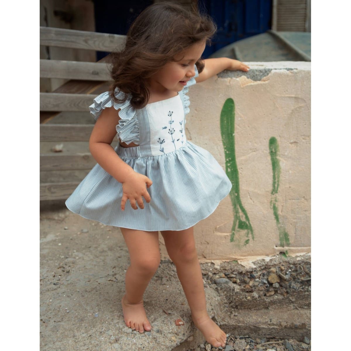 Striped Romper Suit W/ Frill