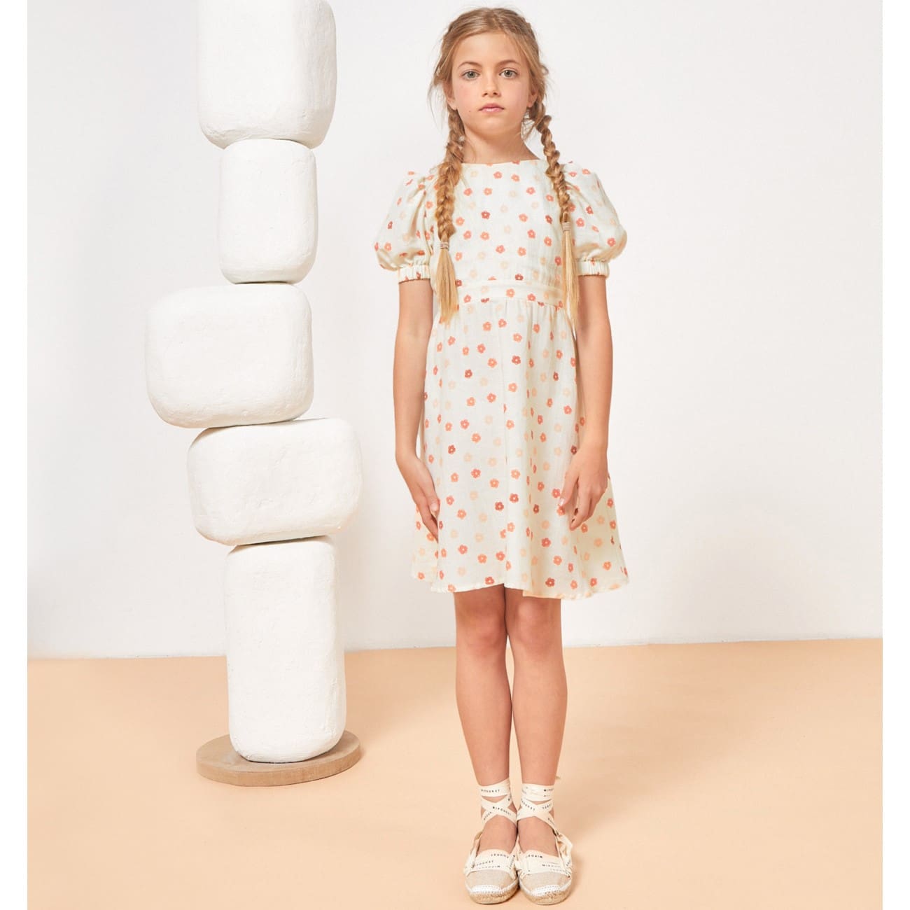 Marjorie Flower Muslin Dress | Cream/Coral