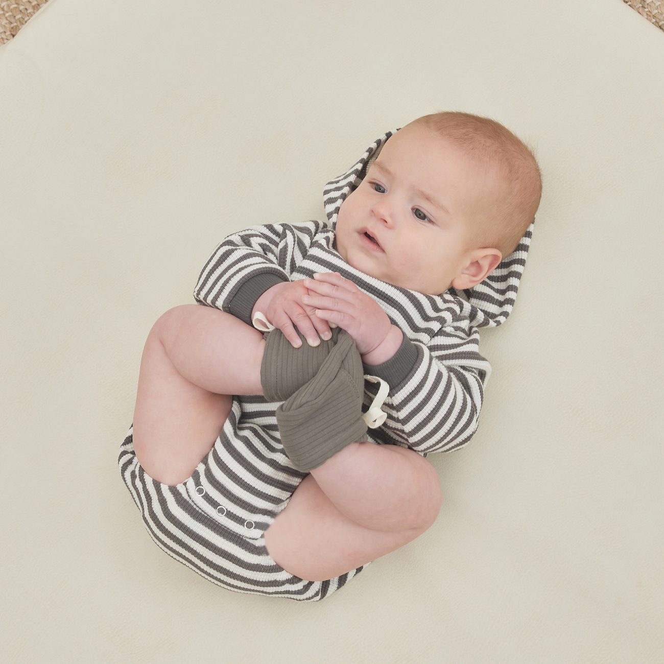 Waffle Hooded Bubble Romper | Charcoal Stripe