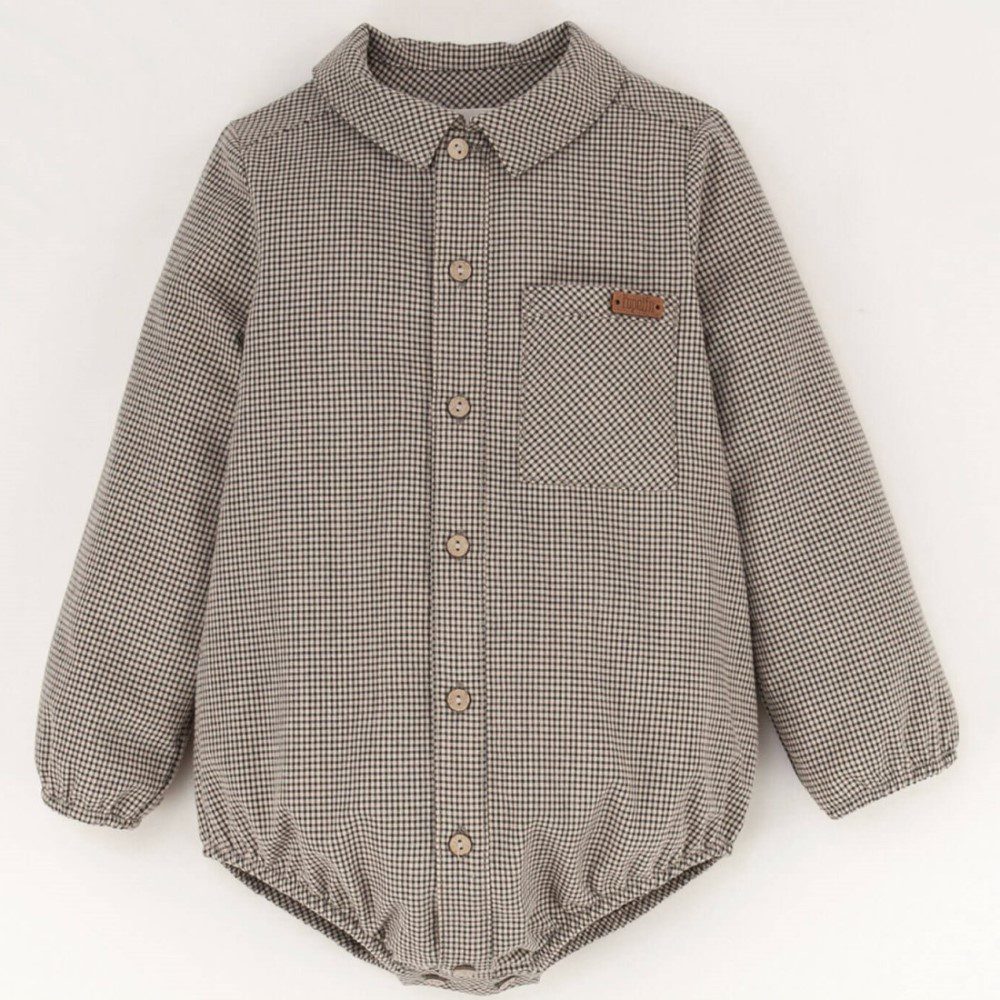 Black Gingham Shirt Romper Suit W/ Ochre Short Dungarees