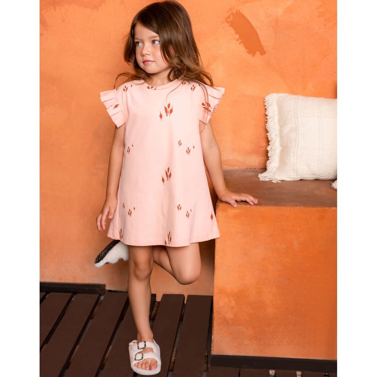 Girls Jersey Dress W/ Box Pleated Sleeve | Peach