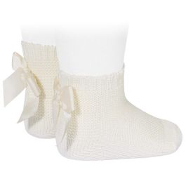 Garter Stitch Short Socks W/ Bow | Beige (303)
