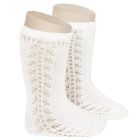 2592/2 Warm Cotton Knee Socks W/ Side Openwork | Cream 202