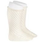 Net Openwork Perle Knee High Socks W/ Rolled Cuff | Beige (303)