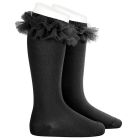 Tulle Ruffle Knee Socks | Black 900
