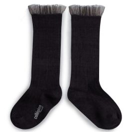 Manon Tulle Frill Ribbed Knee-high Socks | Noir de Charbon