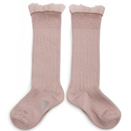 Manon Tulle Frill Ribbed Knee-high Socks | Vieux Rose