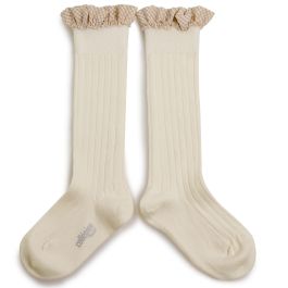 Apolline Gingham Ruffle Ribbed Knee-high Socks | Doux Agneaux