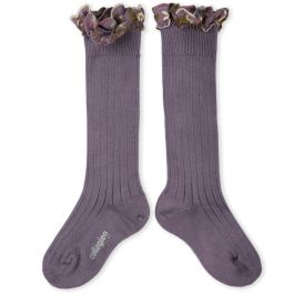 Eglantine Embroidered Ruffle Ribbed Knee-high Socks | Glycine Du Japon