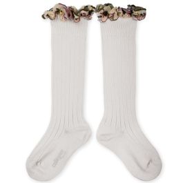 Eglantine Embroidered Ruffle Ribbed Knee-high Socks | Blanc Neige