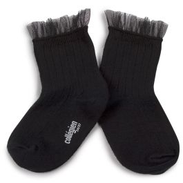 Margaux Tulle Frill Ribbed Ankle Socks | Noir De Charbon