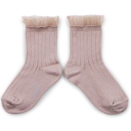 Margaux Tulle Frill Ribbed Ankle Socks | Vieux Rose