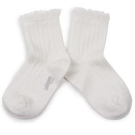 Margaux Tulle Frill Ribbed Ankle Socks | Blanc Neige