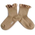 Gingham Ruffle Ribbed Ankle Socks Petite Taupe