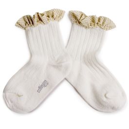 Brigitte Gingham Ruffle Ribbed Ankle Socks | Blanc Neige