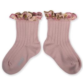 Anémone Embroidered Ruffle Ribbed Ankle Socks | Vieux Rose