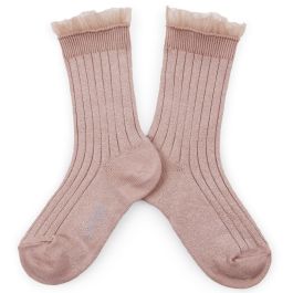 Alizée Glitter Ribbed Crew Socks with Tulle Trim | Vieux Rose