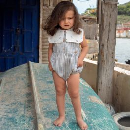 Embroidered Striped Romper Suit W/ Collar
