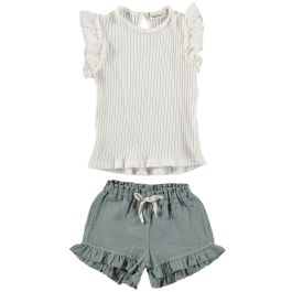 Ruffle Blouse & Ruffle Shorts | Ecru/Blue Gray