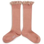Apolline Gingham Ruffle Ribbed Knee-high Socks | Vieux Rose