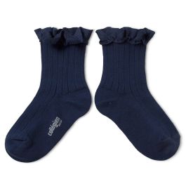 Brigitte Gingham Ruffle Ribbed Ankle Socks | Bleu Saphir