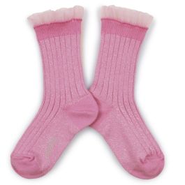 Alizée Glitter Ribbed Crew Socks with Tulle Trim | Rose Bonbon