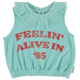 Sleeveless Top W/ Collar | Blue W/ "feelin' alive" Print