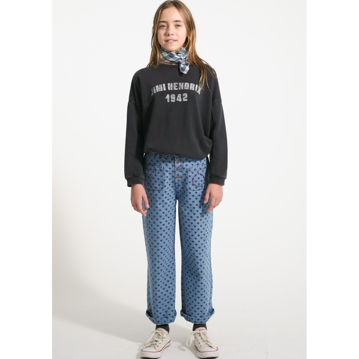 Flare Trousers Washed Blue Denim W/ Black Hearts