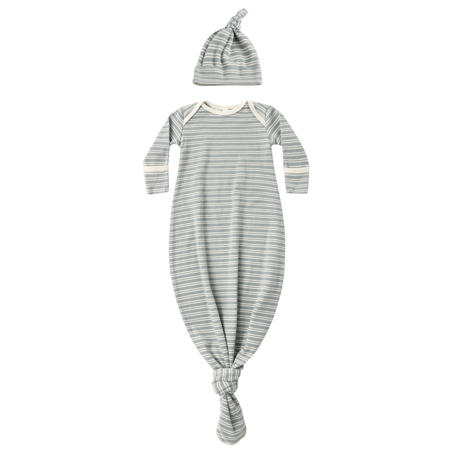 Knotted Baby Gown & Hat Set Steel Blue Micro Stripe
