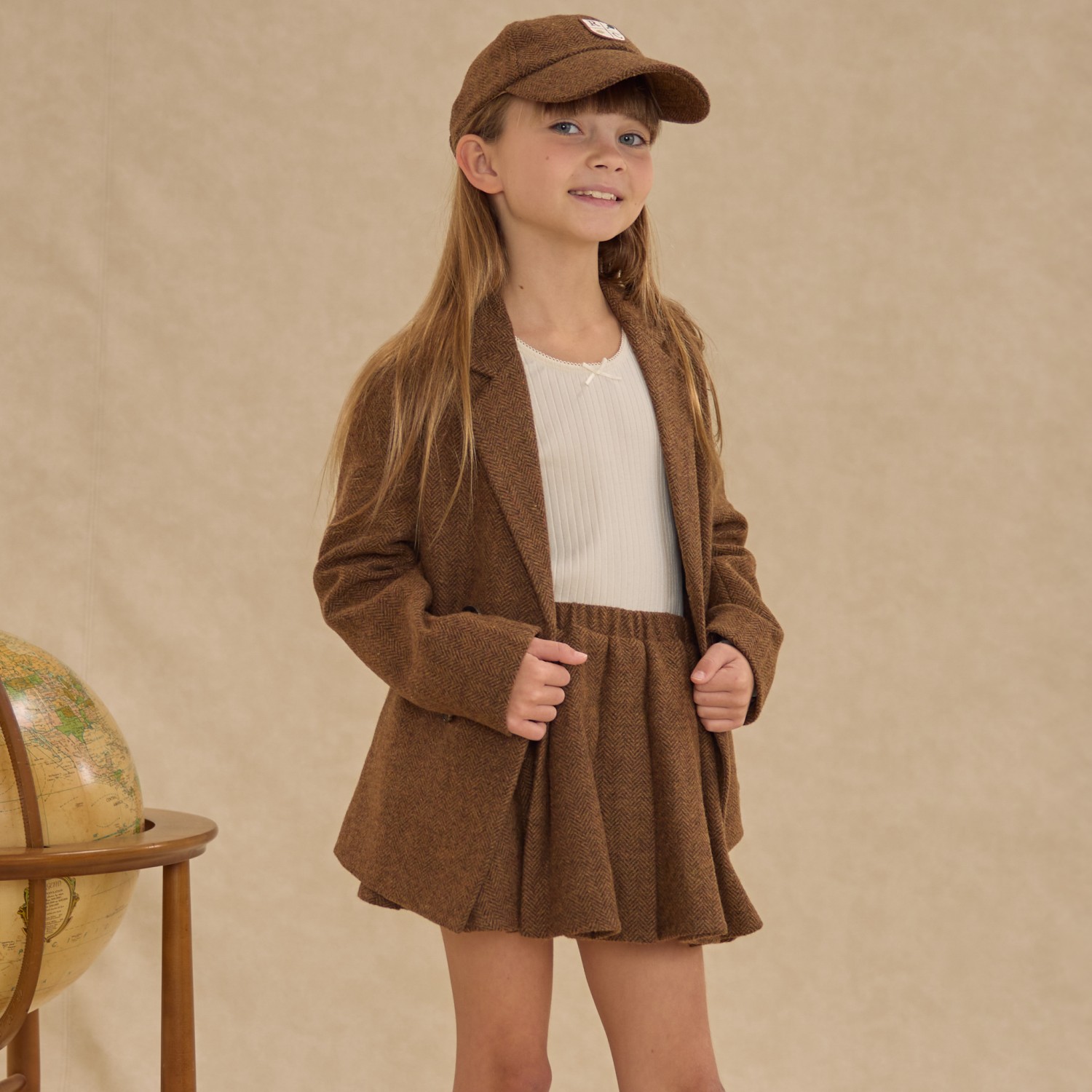 Double Breasted Blazer & Pleated Mini Skirt Rustic Plaid