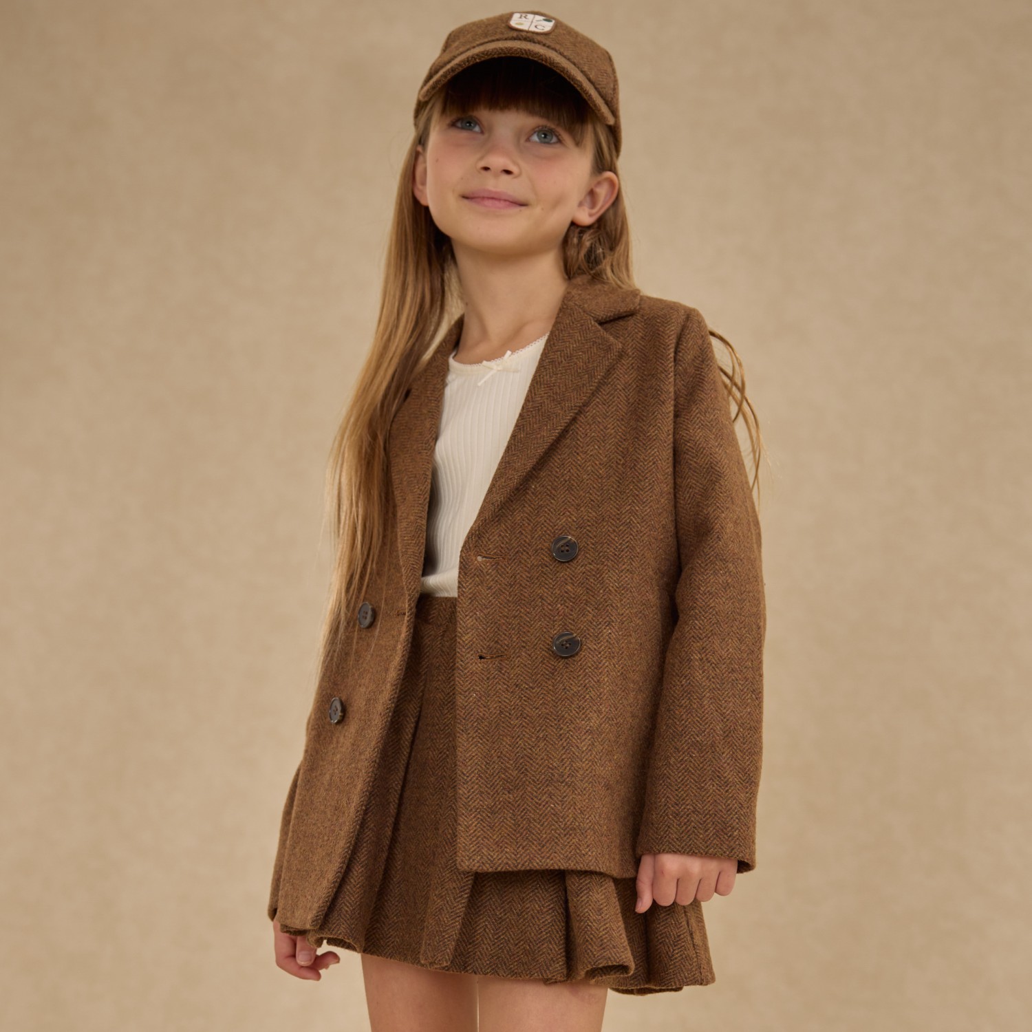 Double Breasted Blazer & Pleated Mini Skirt Rustic Plaid