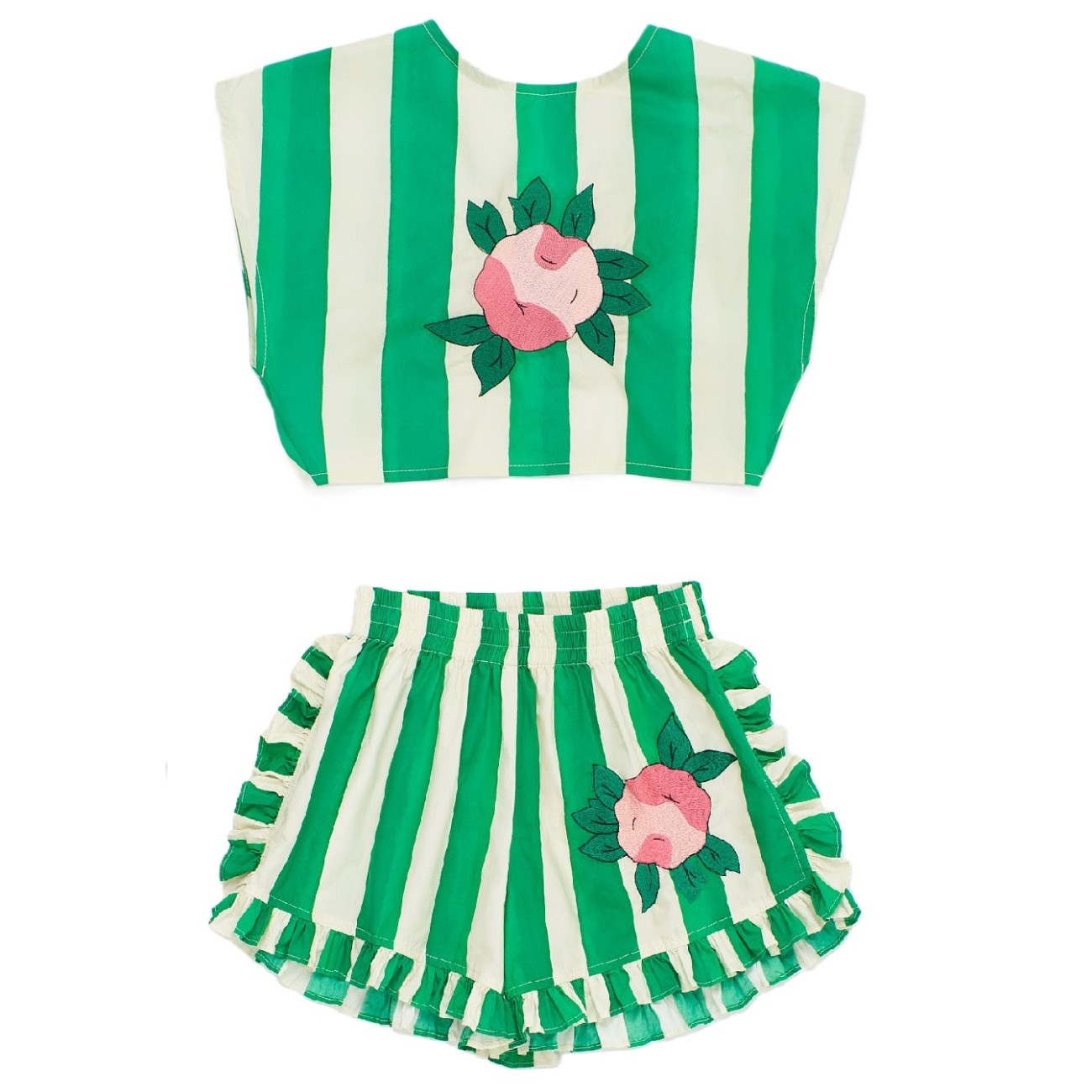 Flowers Stripes Top & Shorts | White/Green
